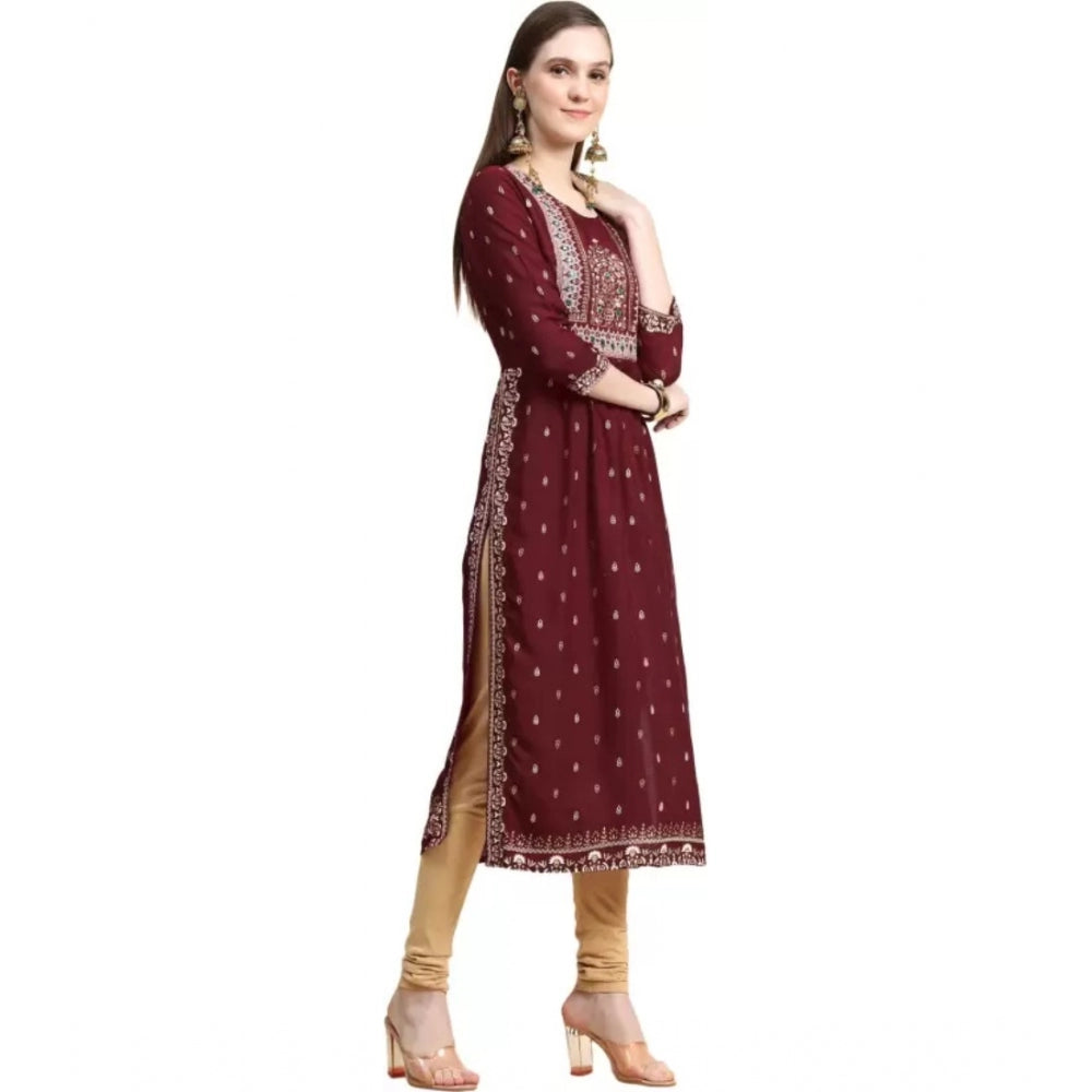 Generic Women's Printed Embroidery Kurti (Maroon) - Noble Nook