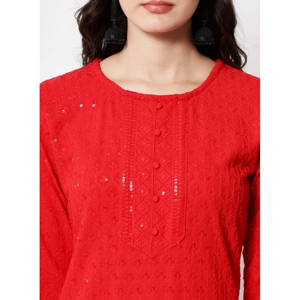 Generic Women's Embroidery With Sequence Kurti (Red) - Noble Nook