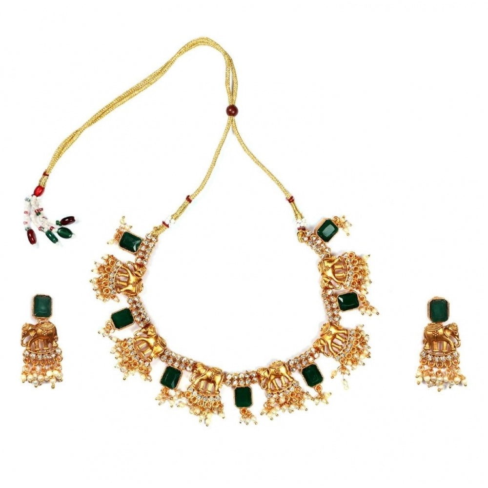 Generic Women's Gold Plated Necklace and Earrings Set with Mang Tikka (Green, Free Size) - Noble Nook