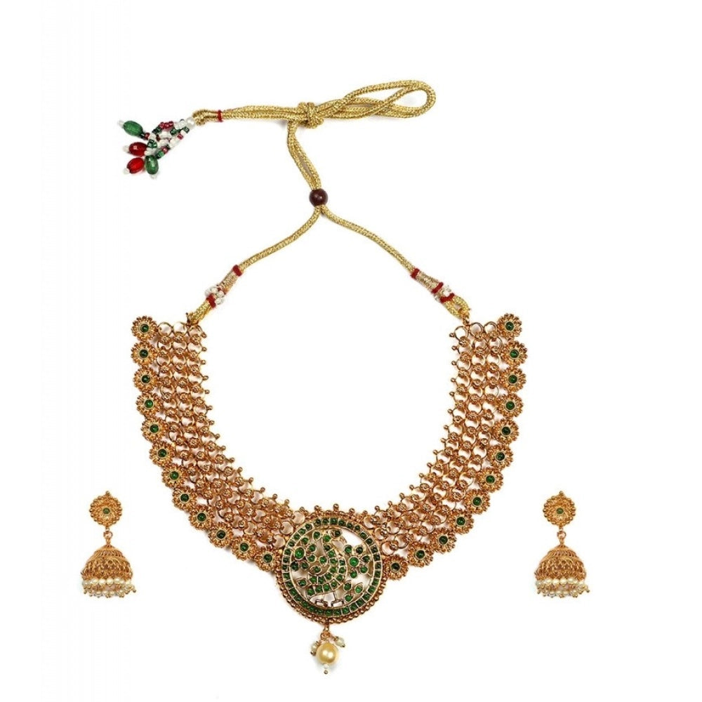 Generic Women's Gold Plated Necklace and Earrings Set with Meenakari Work (Green, Free Size) - Noble Nook