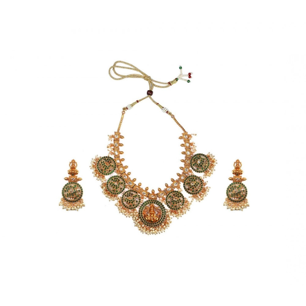 Generic Women's Goddess Glamour Gold Plated Temple Necklace and Jhumka Set (Green, Free Size) - Noble Nook