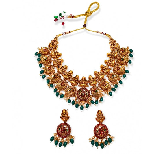 Generic Women's Gold Plated Temple Necklace and Earrings Set (Green, Free Size) - Noble Nook