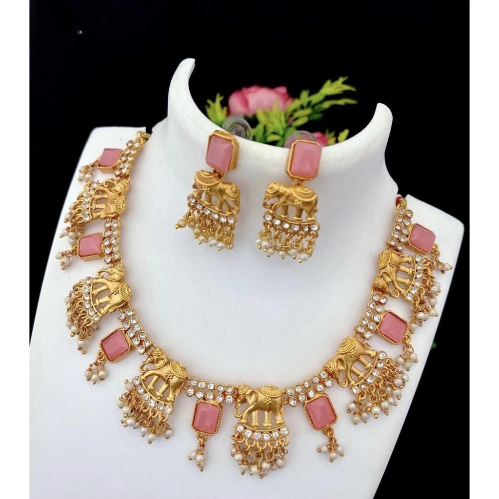 Generic Women's Gold Plated Temple Necklace and Necklace and Earrings Set (Pink, Free Size) - Noble Nook