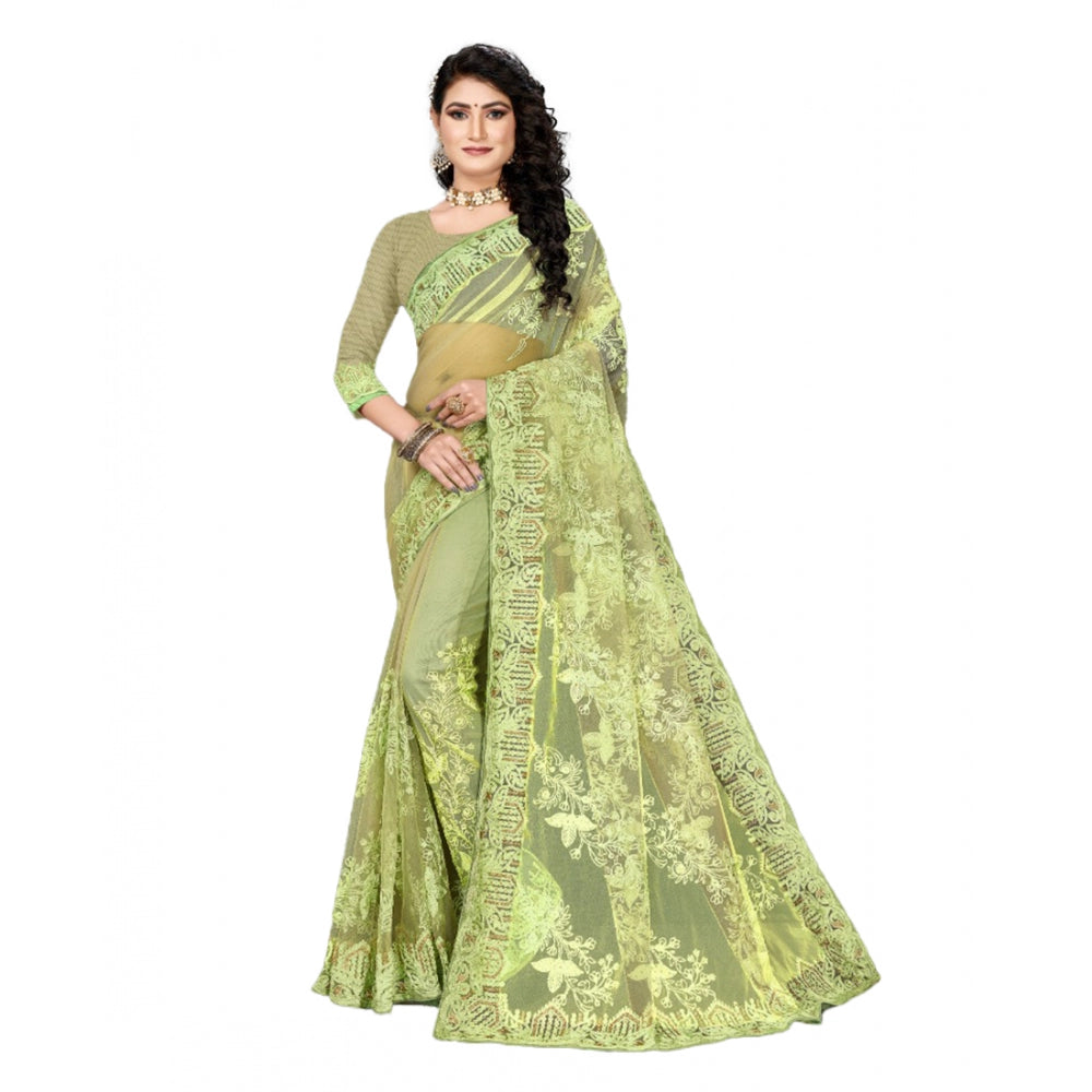 Generic Women's Net Saree With Blouse (Pista Green, 5-6Mtrs) - Noble Nook