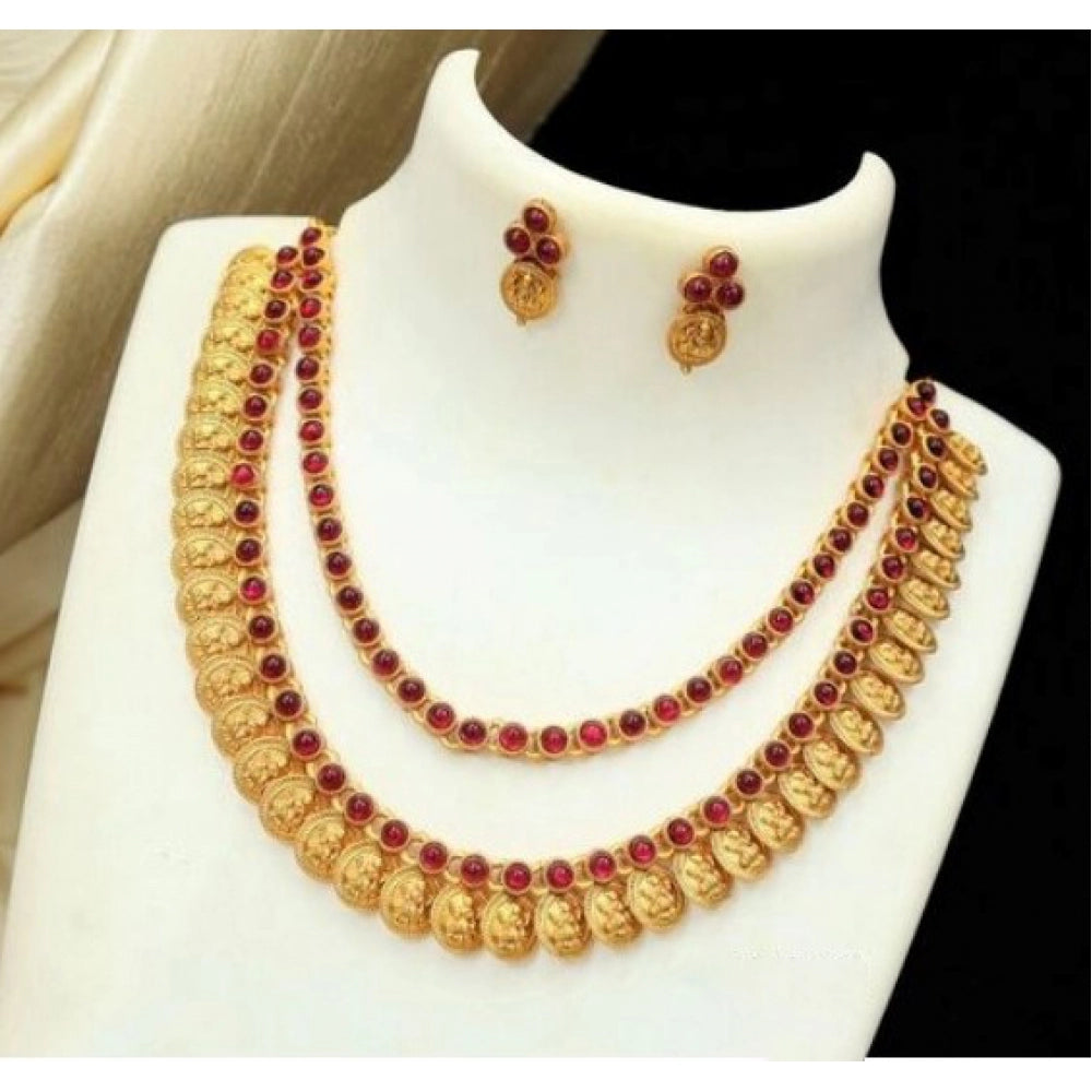 Generic Women's Ethnic Double Line Laxmi Coin Jewellery Set (Red, Free Size) - Noble Nook