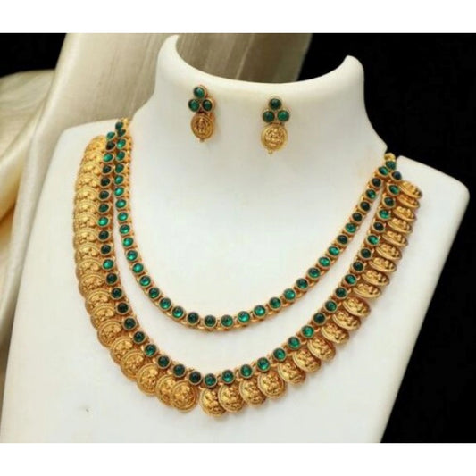 Generic Women's Ethnic Double Line Laxmi Coin Jewellery Set (Green, Free Size) - Noble Nook