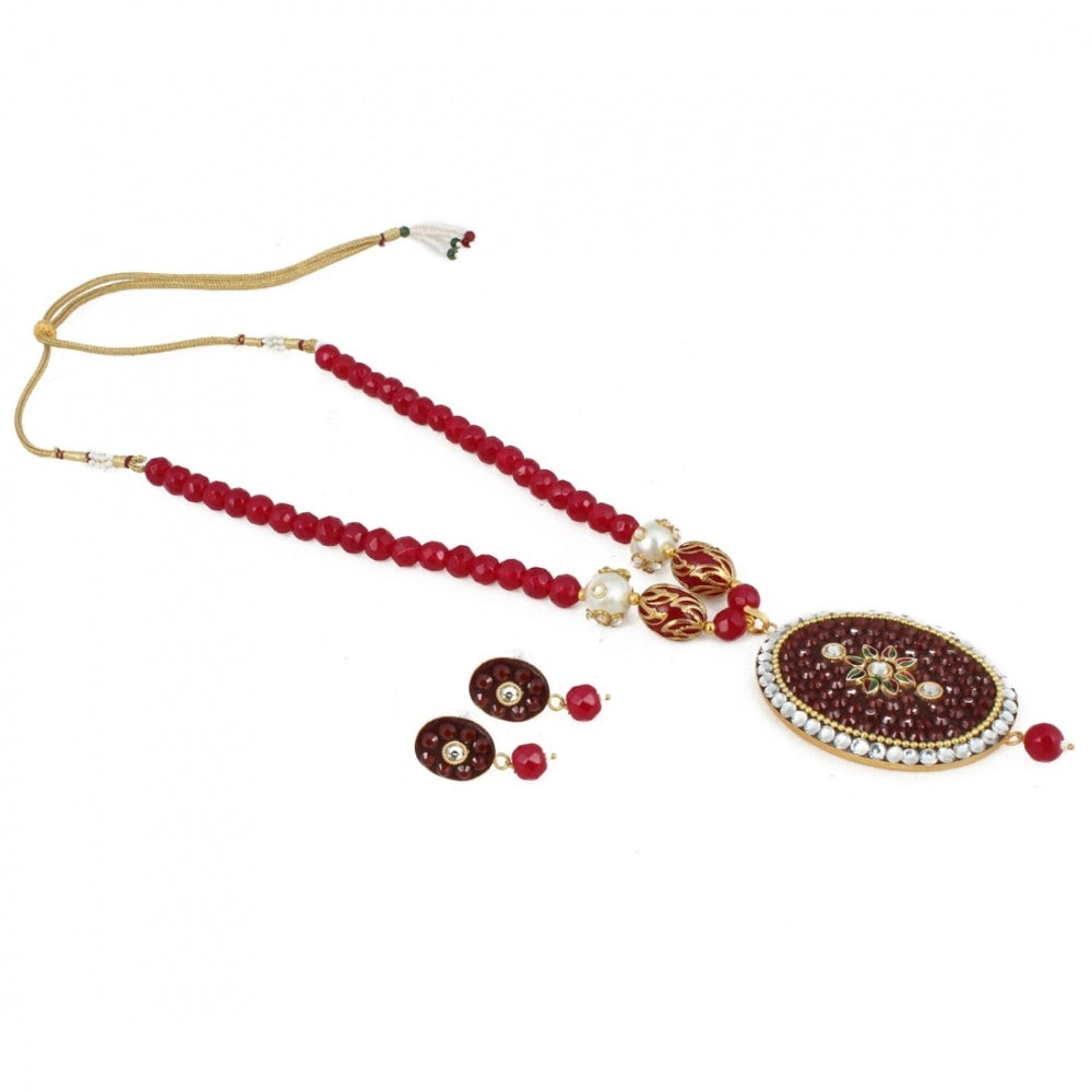 Generic Women's Stylish Maroon Golde Plated Traditional Kundan Necklace Set with Earrings (Color: Red) - Noble Nook