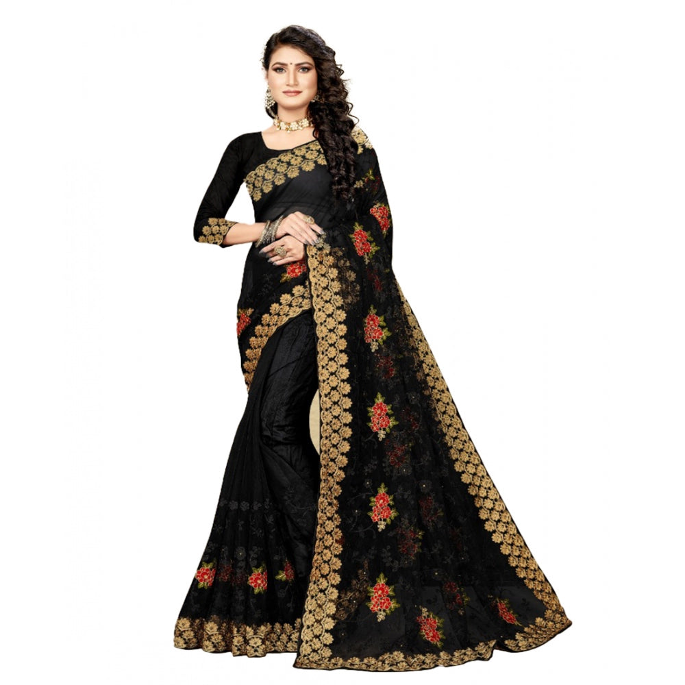 Generic Women's Net Saree With Blouse (Black, 5-6Mtrs) - Noble Nook