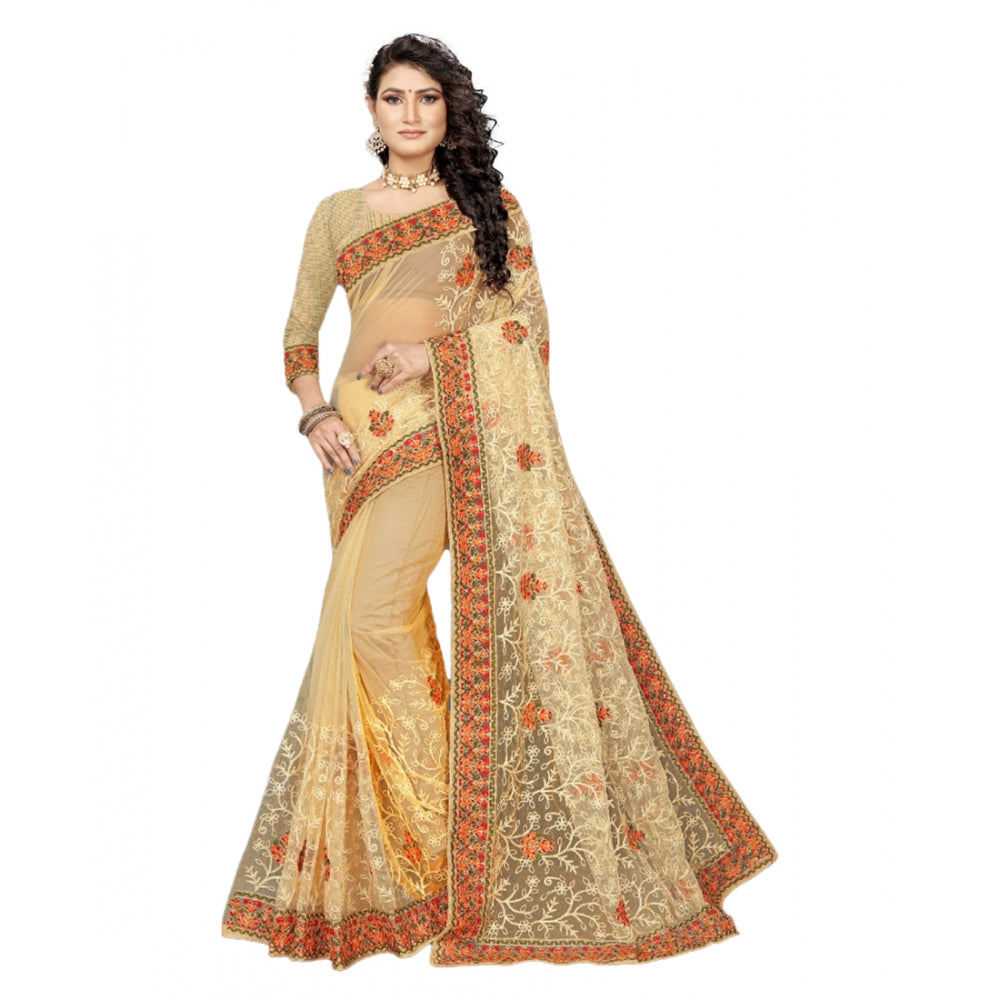 Generic Women's Net Saree With Blouse (Chiku, 5-6Mtrs) - Noble Nook