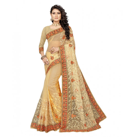 Generic Women's Net Saree With Blouse (Chiku, 5-6Mtrs) - Noble Nook