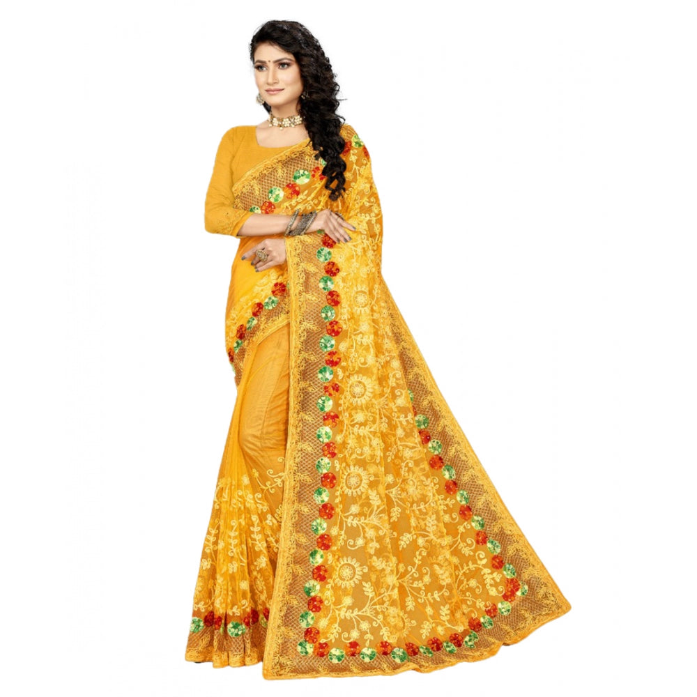 Generic Women's Net Saree With Blouse (Yellow, 5-6Mtrs) - Noble Nook