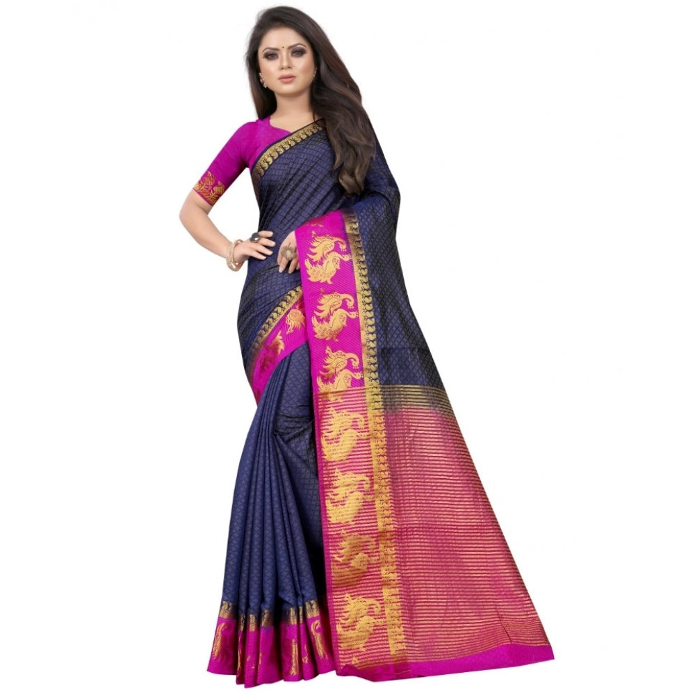 Generic Women's Kanjivaram Silk Saree With Unstitched Blouse Piece (Navy Blue, 5-6 Mtrs) - Noble Nook