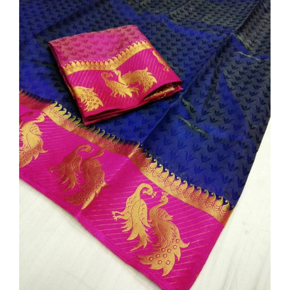 Generic Women's Kanjivaram Silk Saree With Unstitched Blouse Piece (Navy Blue, 5-6 Mtrs) - Noble Nook