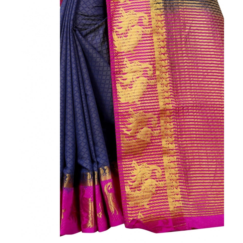 Generic Women's Kanjivaram Silk Saree With Unstitched Blouse Piece (Navy Blue, 5-6 Mtrs) - Noble Nook