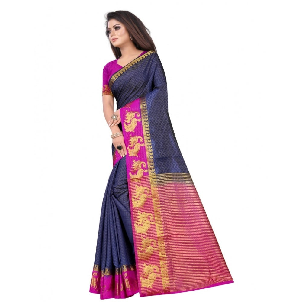 Generic Women's Kanjivaram Silk Saree With Unstitched Blouse Piece (Navy Blue, 5-6 Mtrs) - Noble Nook