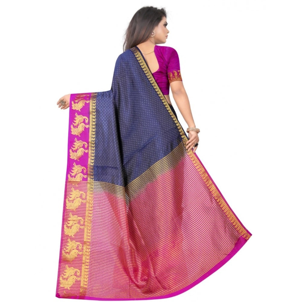 Generic Women's Kanjivaram Silk Saree With Unstitched Blouse Piece (Navy Blue, 5-6 Mtrs) - Noble Nook