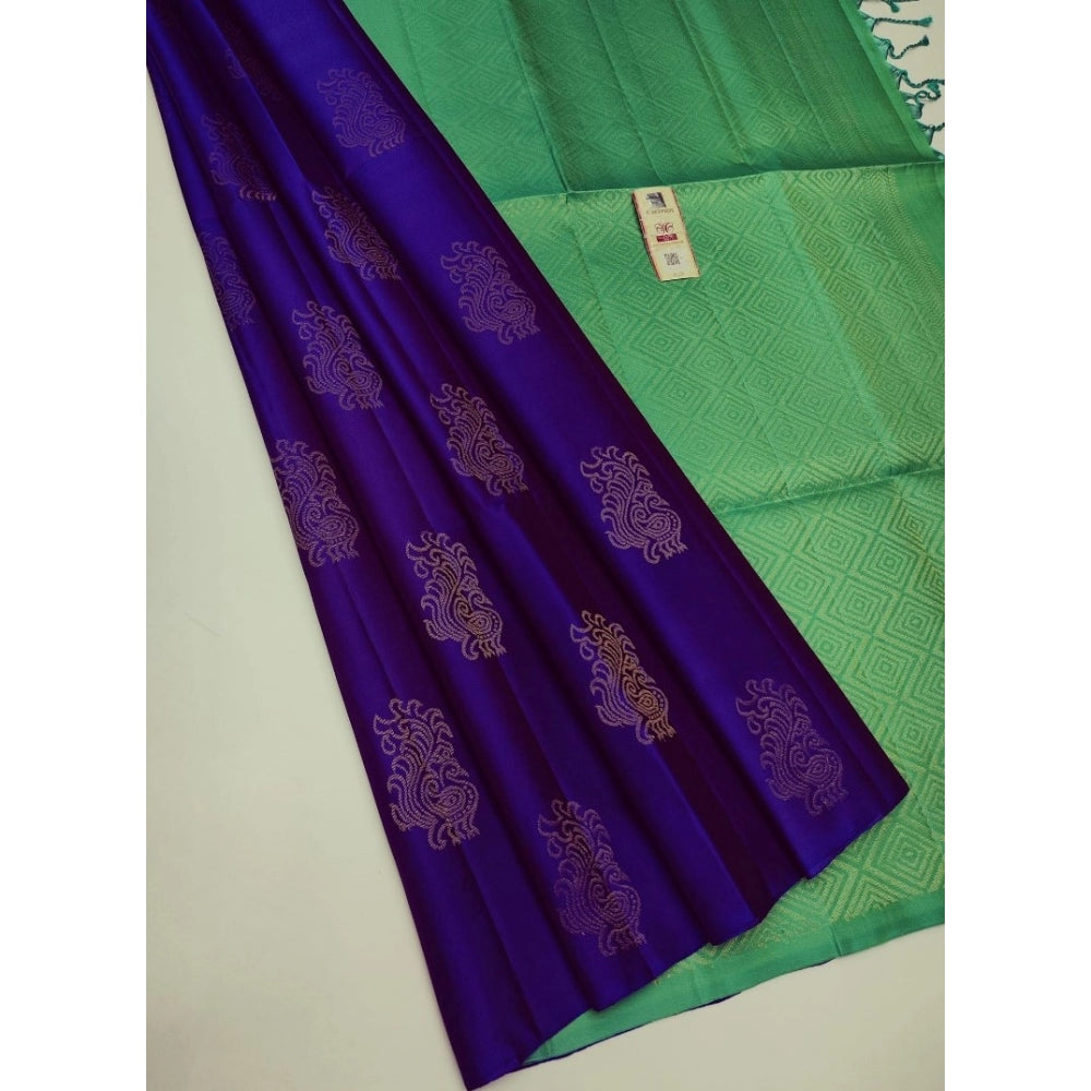 Generic Women's Borderless Kanjivaram Silk Sarees With Unstitched Blouse (Blue) - Noble Nook