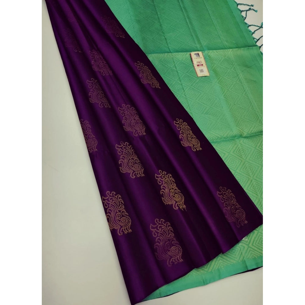 Generic Women's Borderless Kanjivaram Silk Sarees With Unstitched Blouse (Purple) - Noble Nook