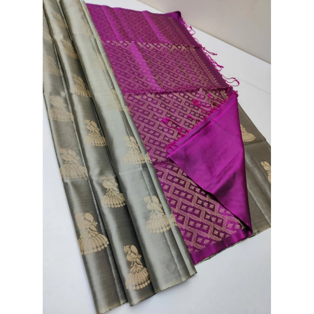 Generic Women's Borderless Kanjivaram Silk Sarees With Unstitched Blouse (Grey) - Noble Nook