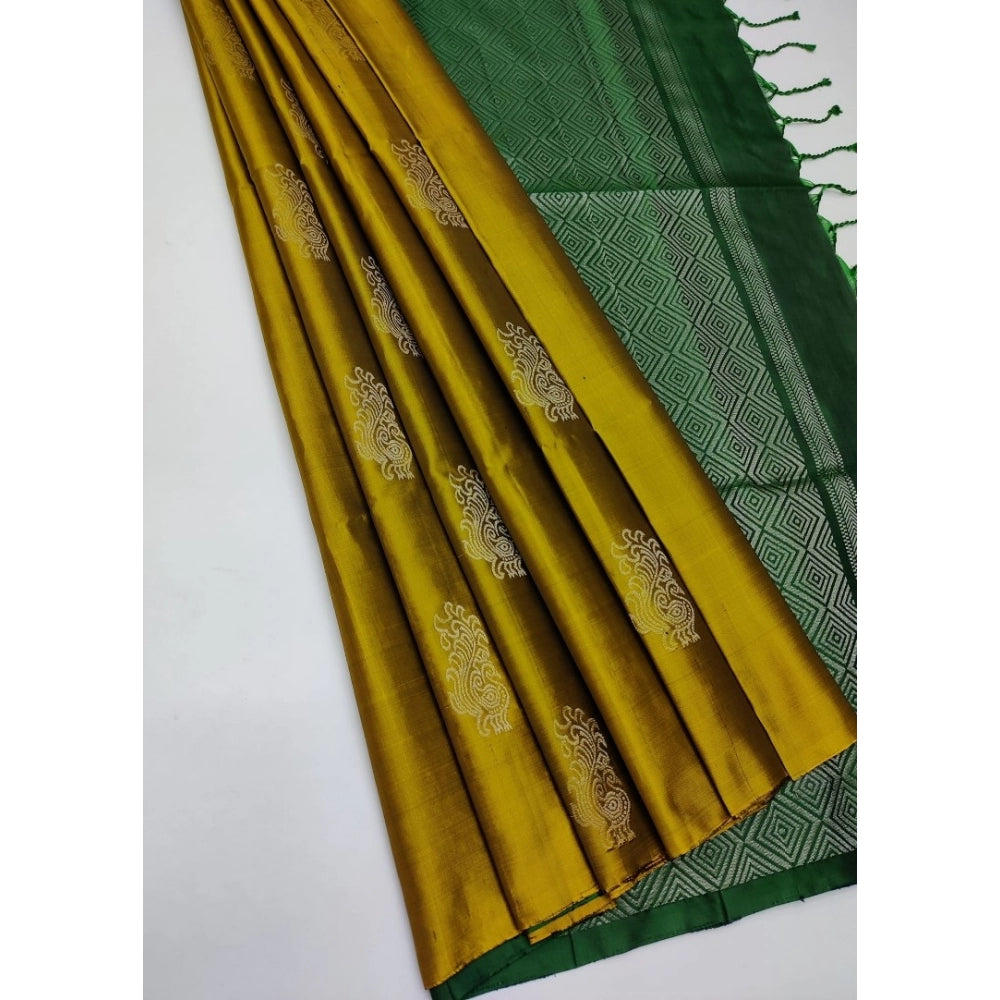 Generic Women's Borderless Kanjivaram Silk Sarees With Unstitched Blouse (Mustard Yellow) - Noble Nook