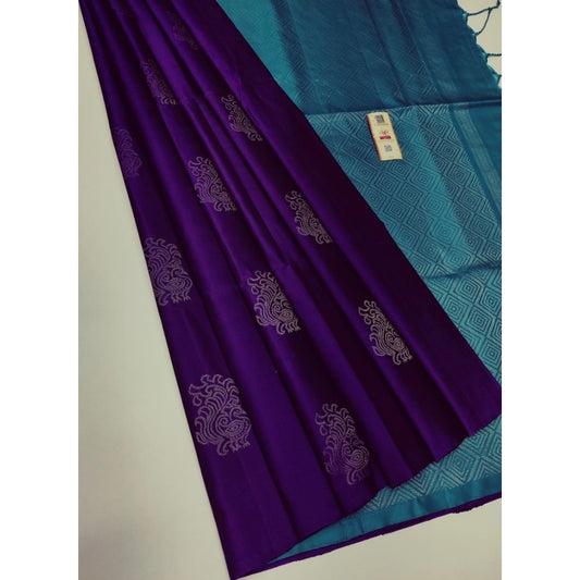 Generic Women's Borderless Kanjivaram Silk Sarees With Unstitched Blouse (Purple) - Noble Nook