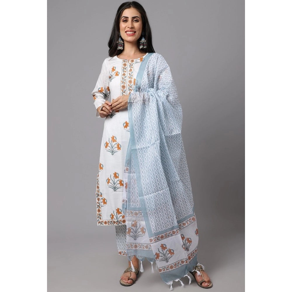 Generic Women's Cotton Blend Printed Work Kurti With Bottom And Dupatta Set (Ligtht Blue) - Noble Nook