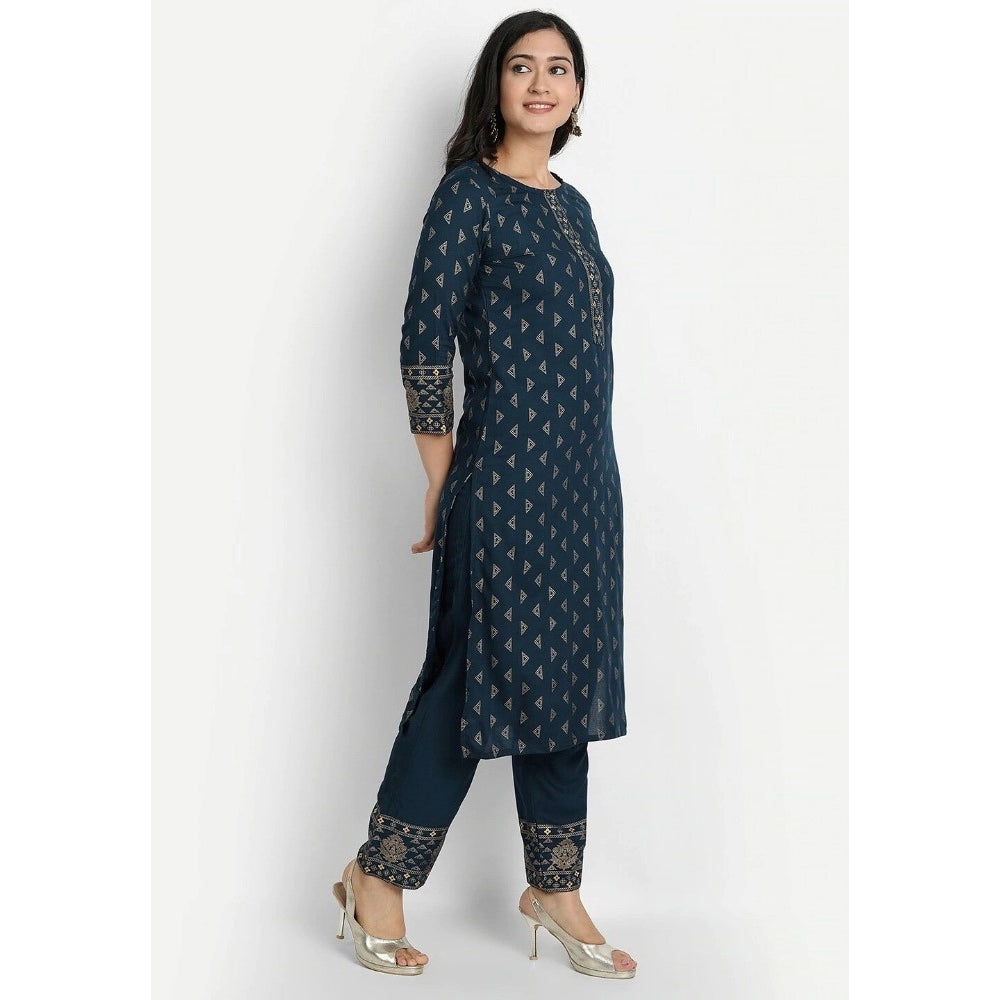 Generic Women's Cotton Blend Printed Work Kurti With Bottom And Dupatta Set (Blue) - Noble Nook