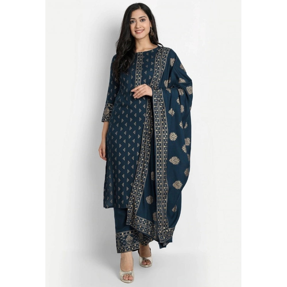 Generic Women's Cotton Blend Printed Work Kurti With Bottom And Dupatta Set (Blue) - Noble Nook