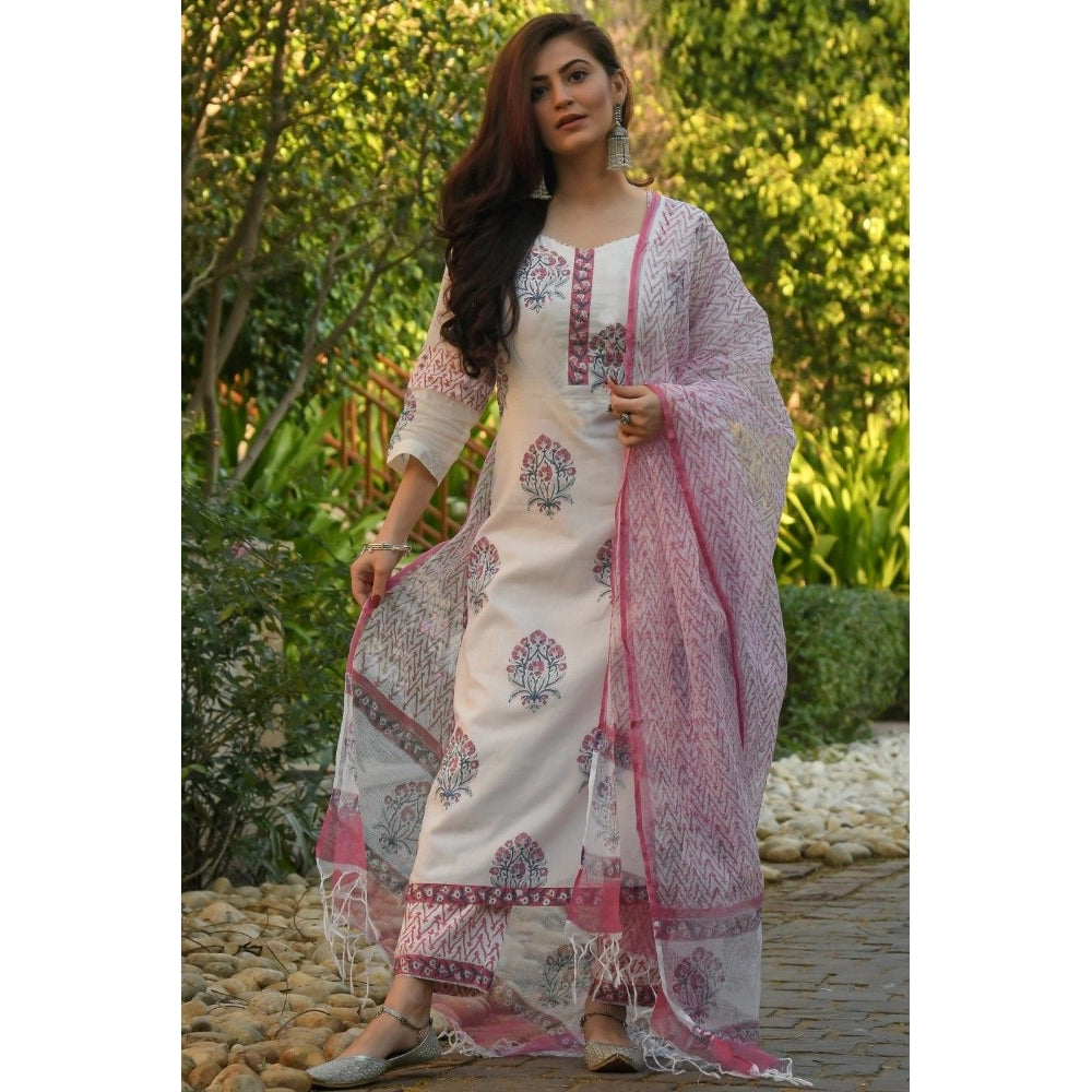 Generic Women's Cotton Blend Printed Work Kurti With Bottom And Dupatta Set (Pink) - Noble Nook