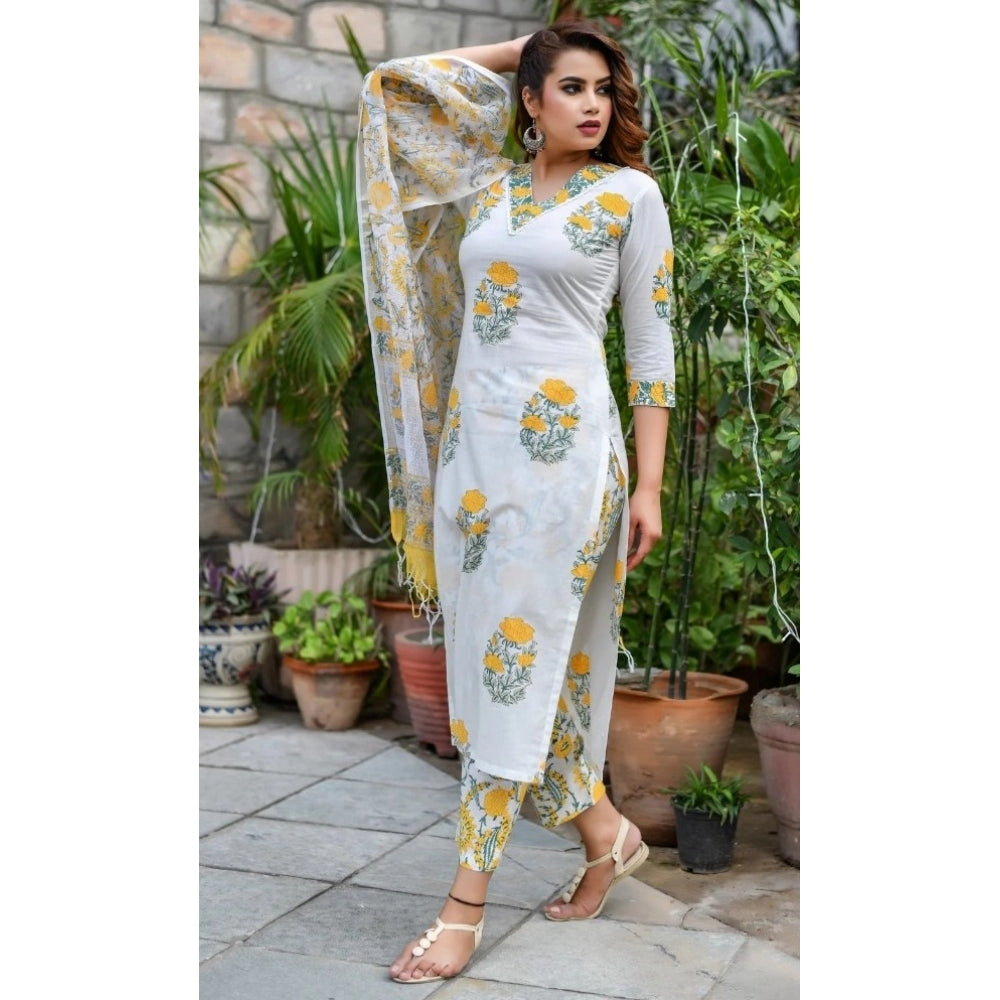 Generic Women's Cotton Blend Printed Work Kurti With Bottom And Dupatta Set (Yellow) - Noble Nook