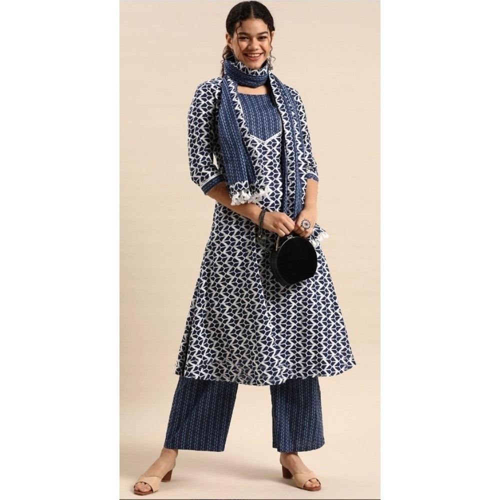 Generic Women's Cotton Blend Printed Work Kurti With Bottom And Dupatta Set (Blue) - Noble Nook