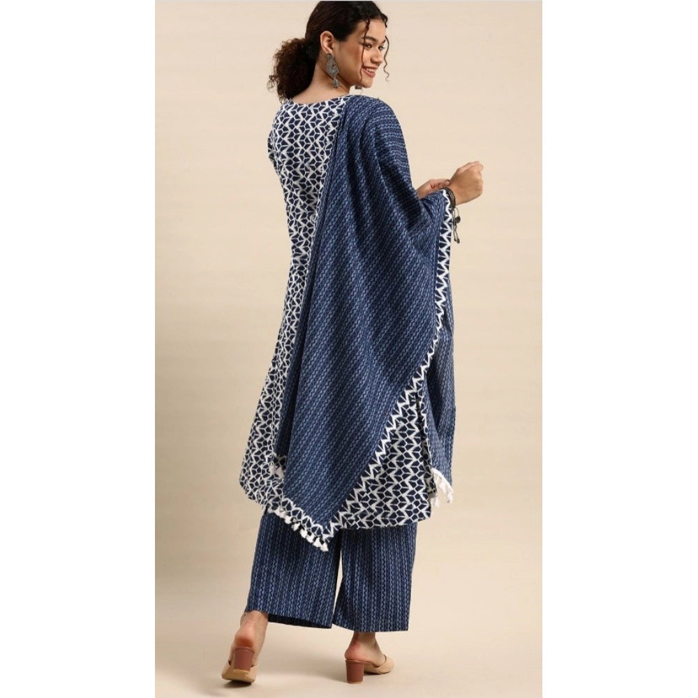 Generic Women's Cotton Blend Printed Work Kurti With Bottom And Dupatta Set (Blue) - Noble Nook