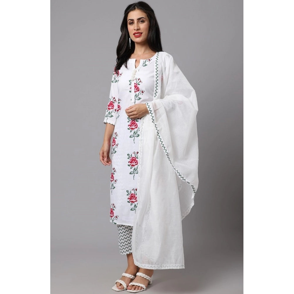 Generic Women's Cotton Blend Printed Work Kurti With Bottom And Dupatta Set (White) - Noble Nook