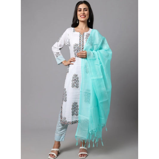 Generic Women's Cotton Blend Printed Work Kurti With Bottom And Dupatta Set (White) - Noble Nook