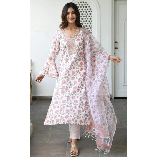 Generic Women's Cotton Blend Printed Work Kurti With Bottom And Dupatta Set (Pink) - Noble Nook