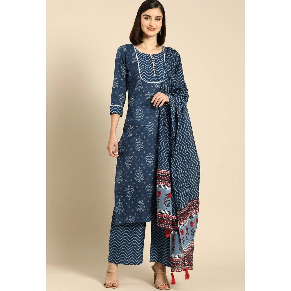 Generic Women's Cotton Blend Printed Work Kurti With Bottom And Dupatta Set (Blue) - Noble Nook