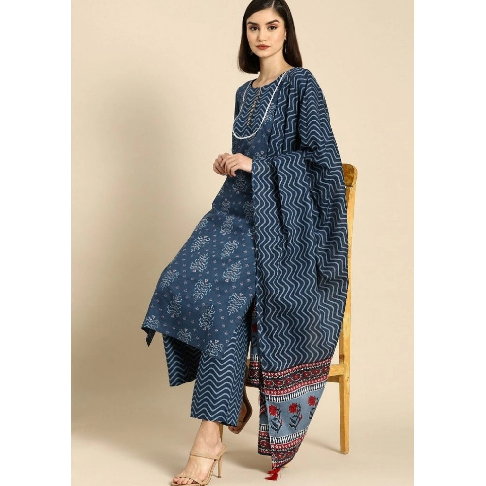 Generic Women's Cotton Blend Printed Work Kurti With Bottom And Dupatta Set (Blue) - Noble Nook