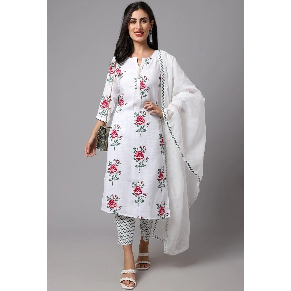 Generic Women's Cotton Blend Printed Work Kurti With Bottom And Dupatta Set (White) - Noble Nook