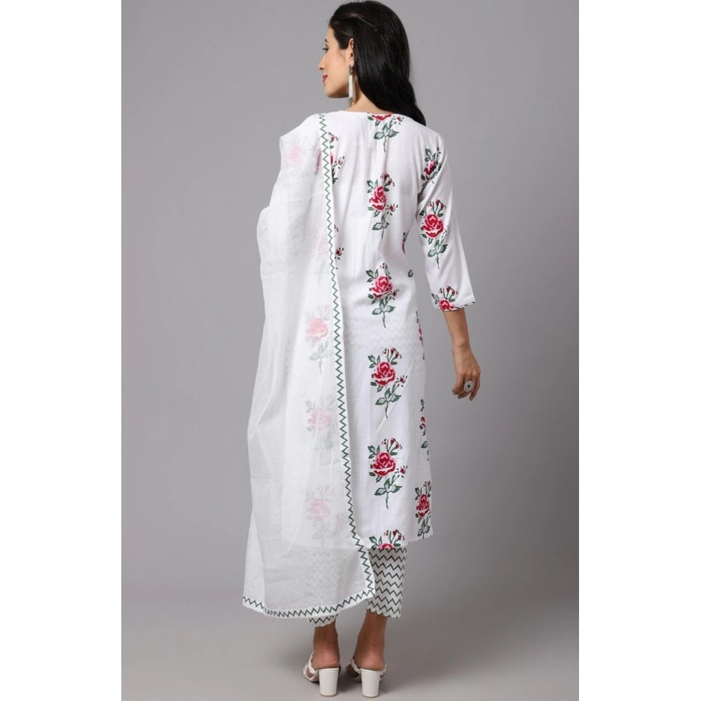 Generic Women's Cotton Blend Printed Work Kurti With Bottom And Dupatta Set (White) - Noble Nook