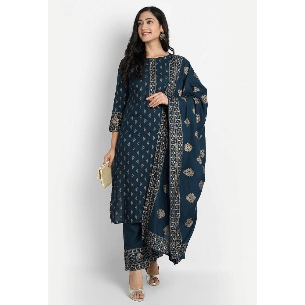 Generic Women's Cotton Blend Printed Work Kurti With Bottom And Dupatta Set (Blue) - Noble Nook