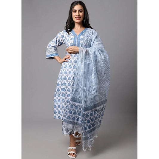 Generic Women's Cotton Blend Printed Work Kurti With Bottom And Dupatta Set (Ligtht Blue) - Noble Nook