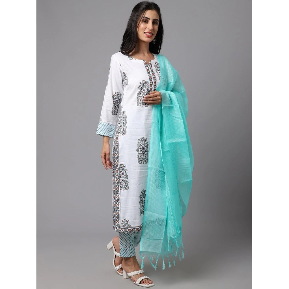 Generic Women's Cotton Blend Printed Work Kurti With Bottom And Dupatta Set (White) - Noble Nook