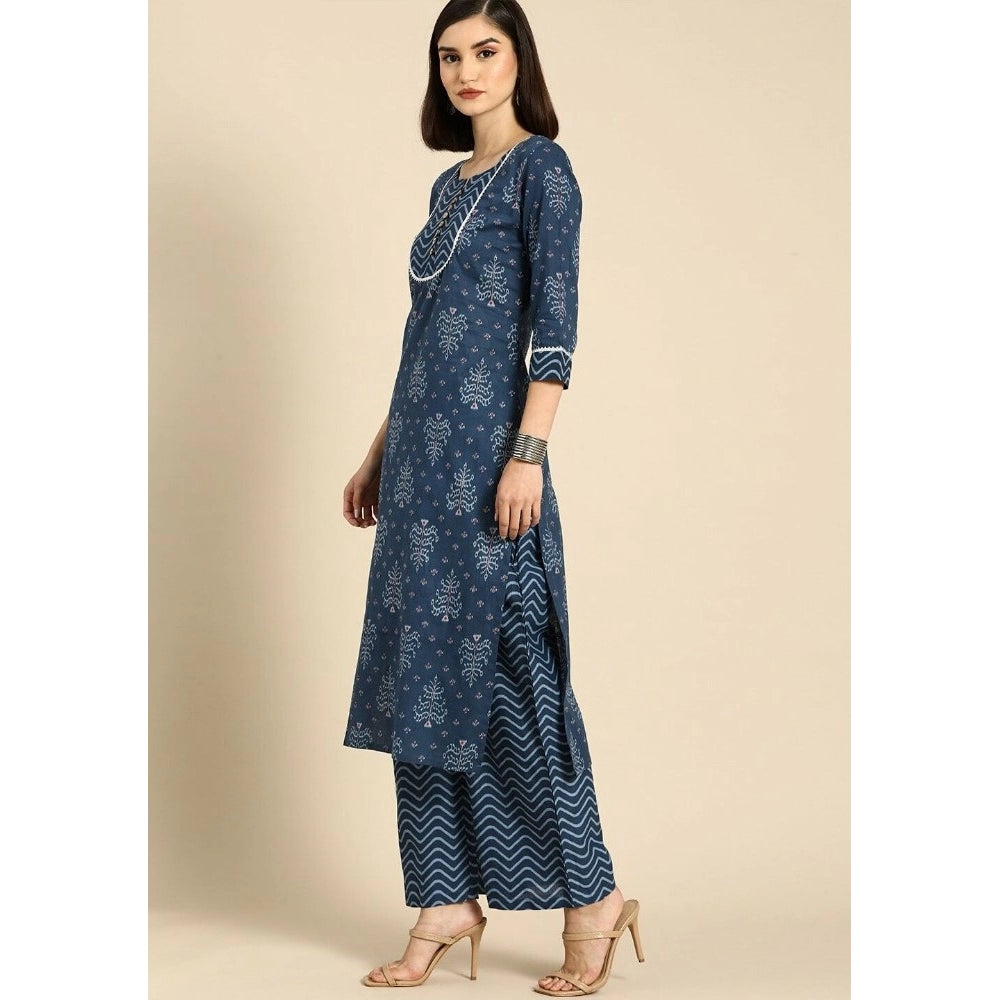 Generic Women's Cotton Blend Printed Work Kurti With Bottom And Dupatta Set (Blue) - Noble Nook