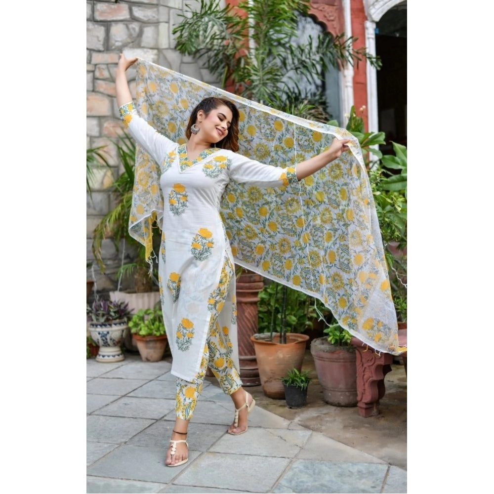 Generic Women's Cotton Blend Printed Work Kurti With Bottom And Dupatta Set (Yellow) - Noble Nook