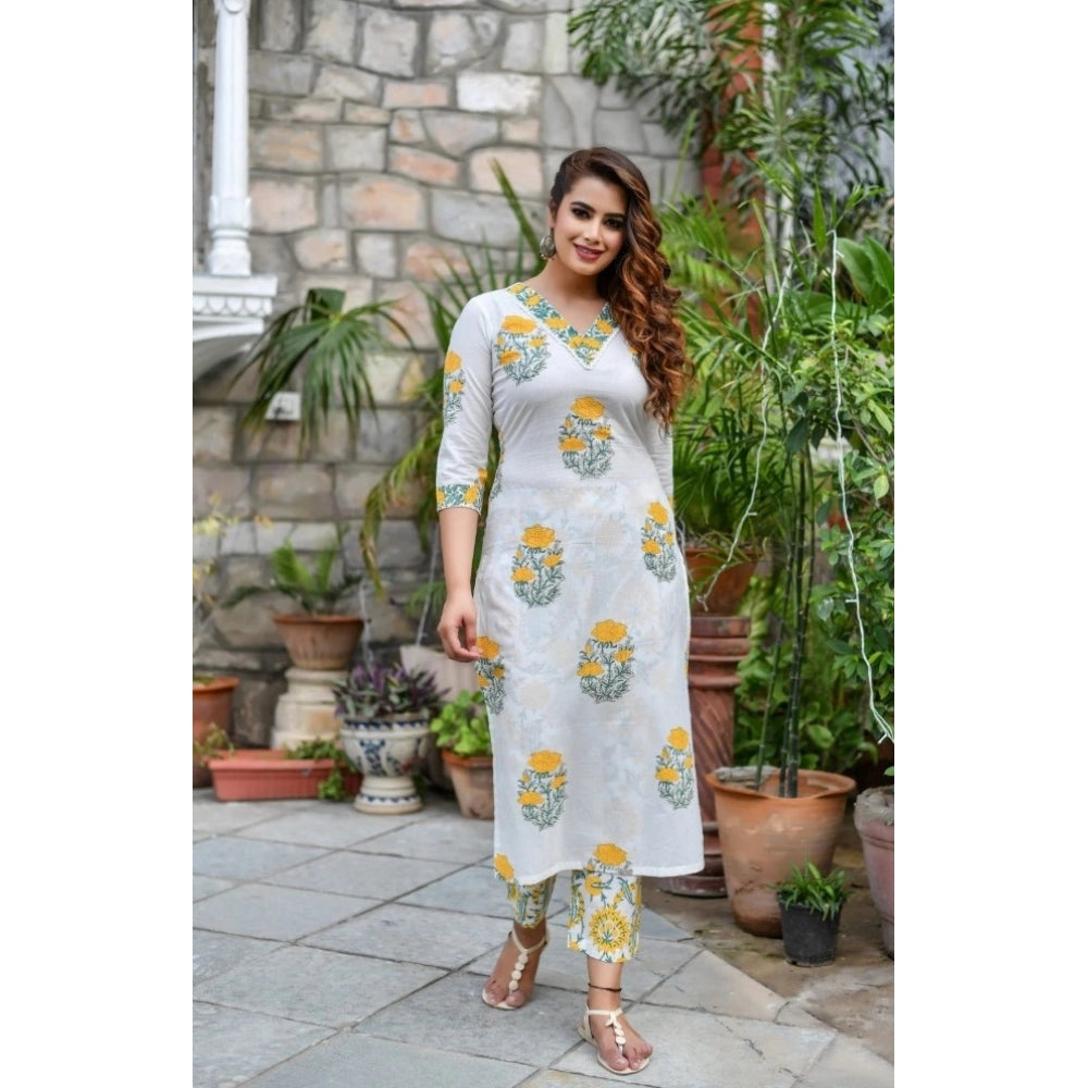 Generic Women's Cotton Blend Printed Work Kurti With Bottom And Dupatta Set (Yellow) - Noble Nook