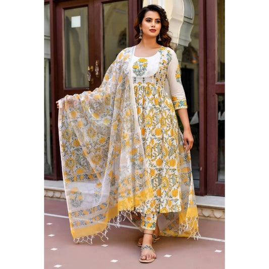 Generic Women's Cotton Blend Printed Work Kurti With Bottom And Dupatta Set (Yellow) - Noble Nook