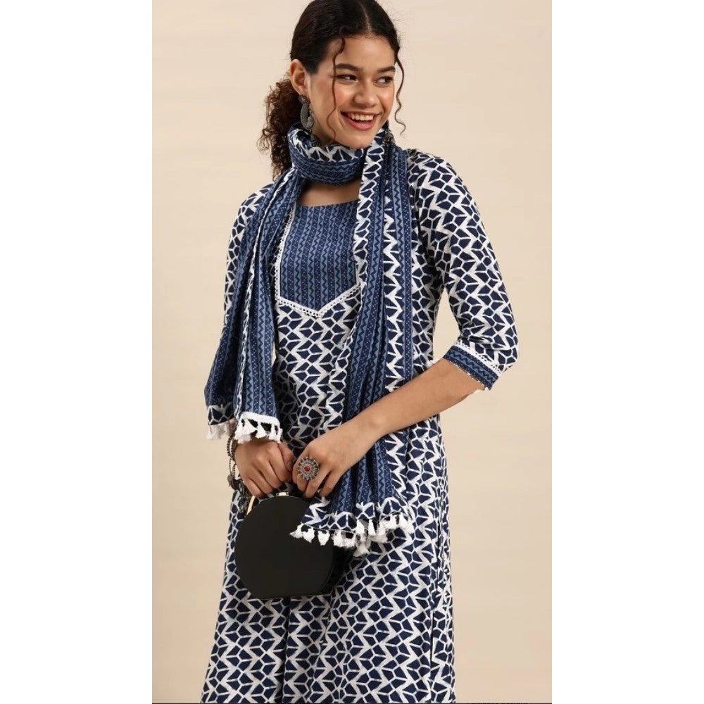 Generic Women's Cotton Blend Printed Work Kurti With Bottom And Dupatta Set (Blue) - Noble Nook