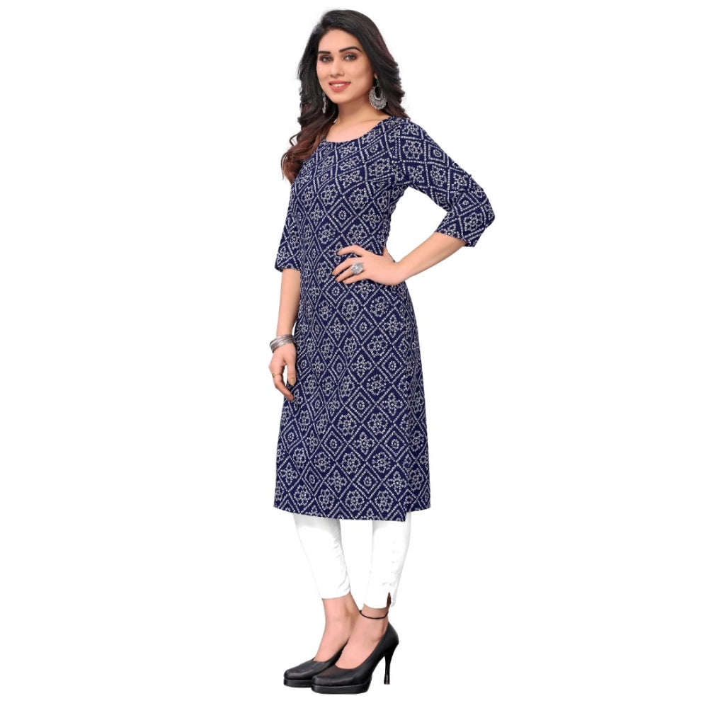 Generic Women's Casual 3/4th Sleeve Bandhani Printed Crepe Kurti (Navy Blue) - Noble Nook