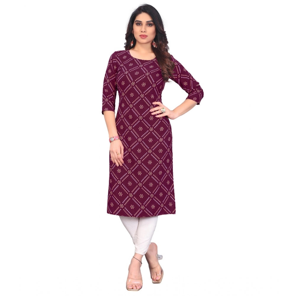 Generic Women's Casual 3/4th Sleeve Bandhani Printed Crepe Kurti (Wine) - Noble Nook