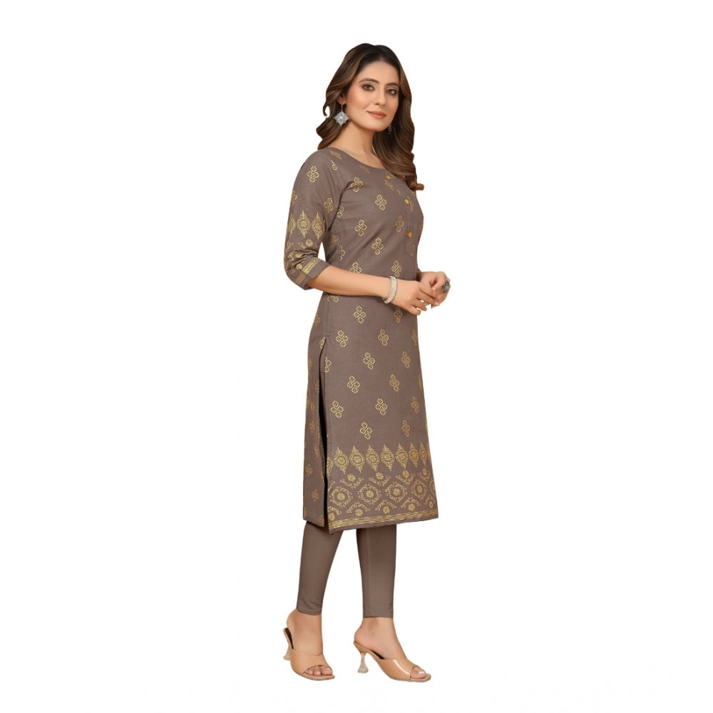 Generic Women's Casual 3/4th Sleeve Foil Gold Printed Ruby Cotton Kurti (Brown) - Noble Nook